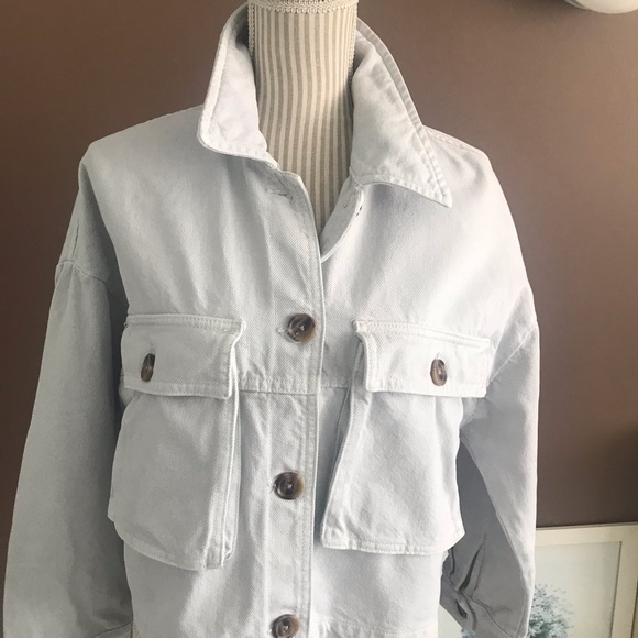 Zara Womens Solid Light Blue Crop Button Down Long Sleeve Jean Denim Jacket L - Picture 3 of 12